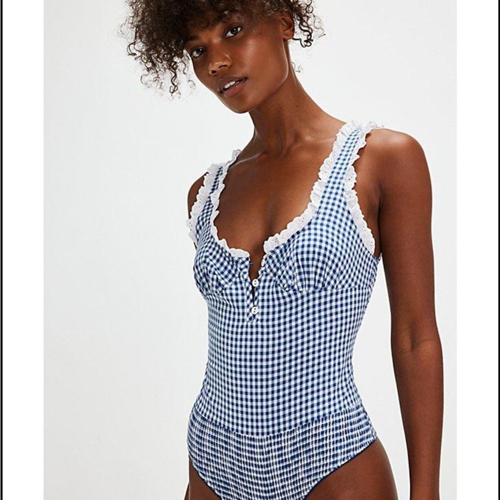 Free People NWT Cassie Gingham Plaid Navy & White Bodysuit Small